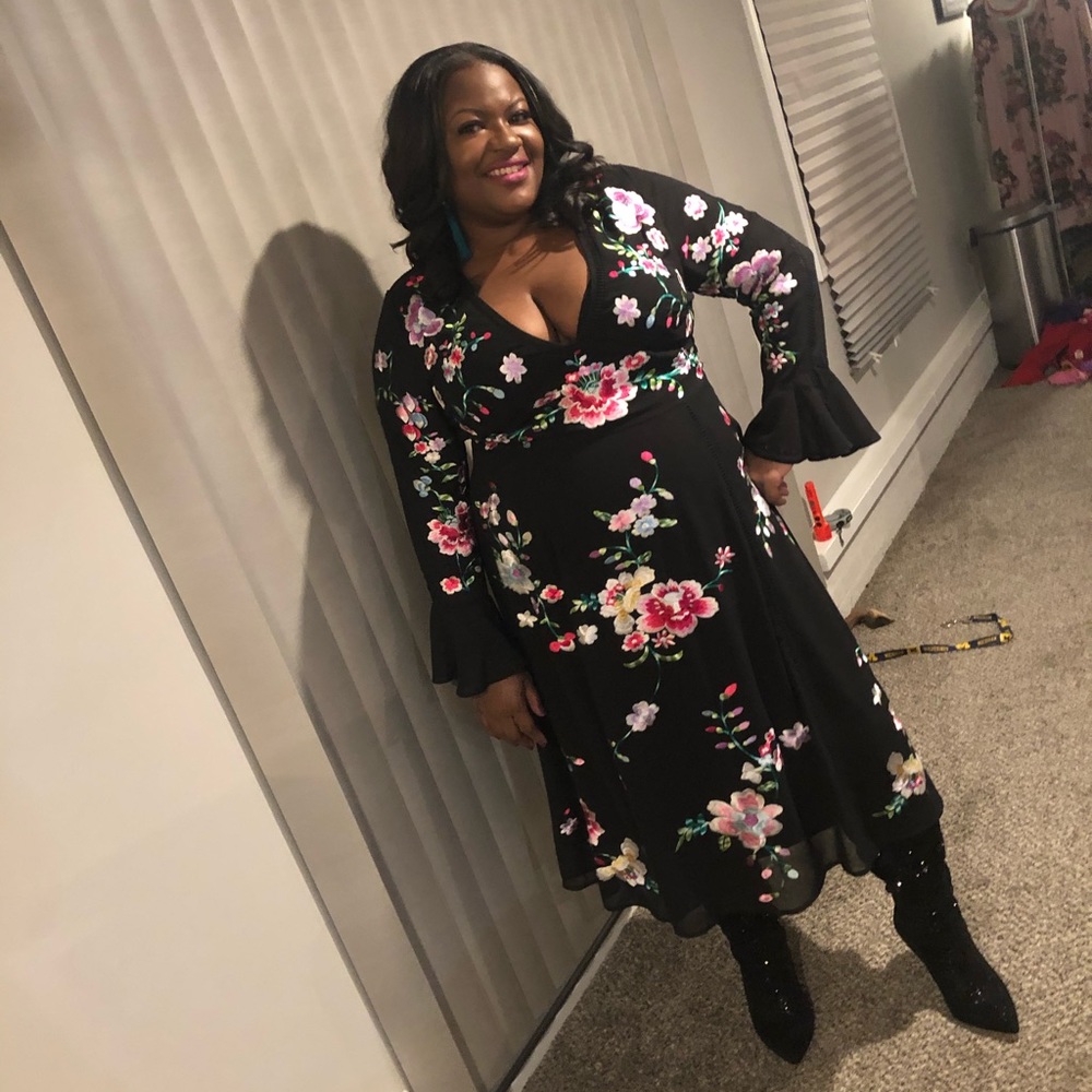 ASOS Curve Black Midi Dress with Pink & White Floral Embroidery - Picture 5 of 6